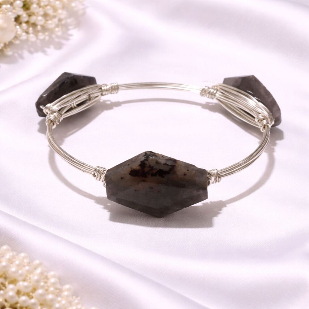 Silver Tone Labradorite Wire Wrap Bangle Bracelet Gemstone Jewelry